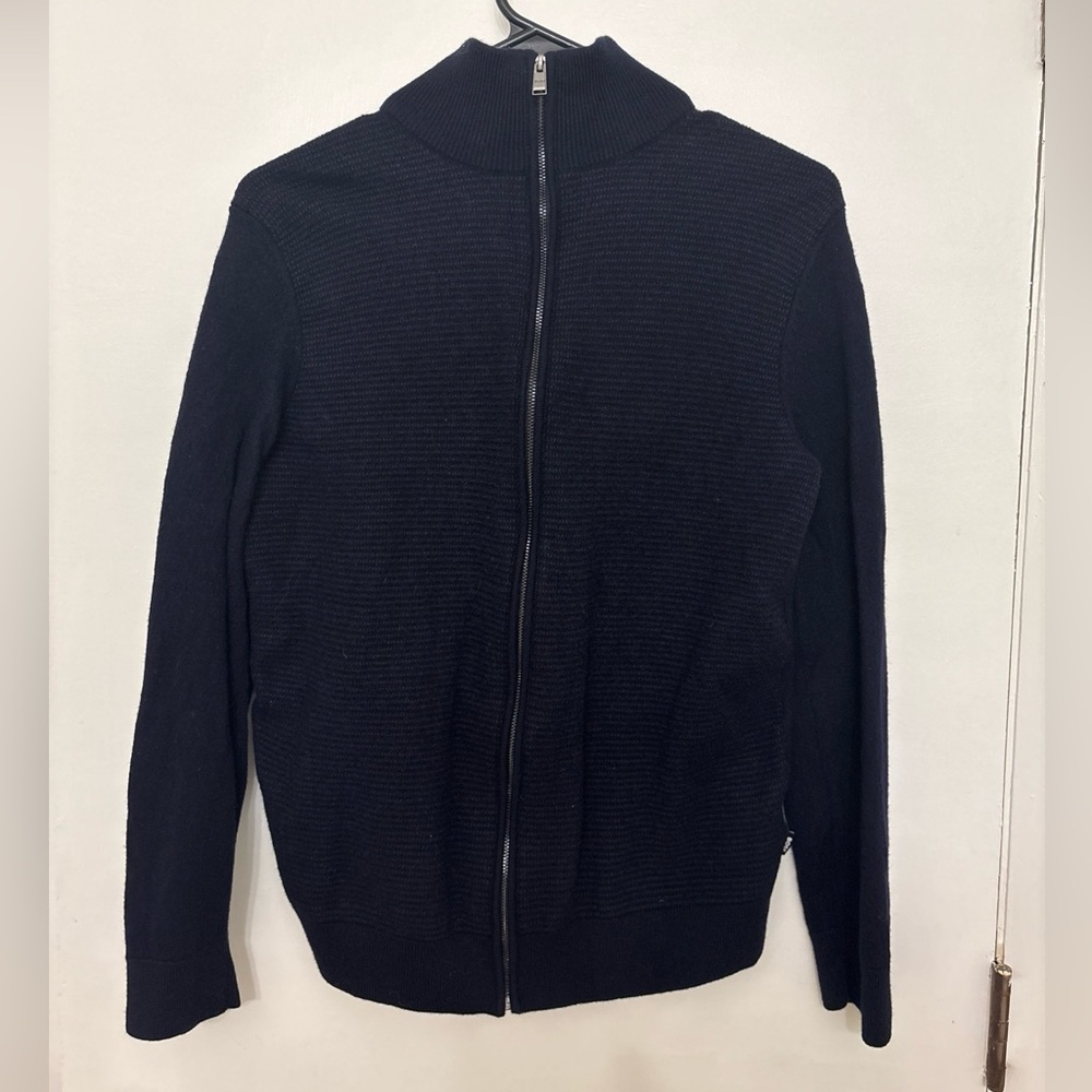 Boss Hugo Men's Zip Up Knit Virgin Wool Blend Cardigan Jacket Dark Blue Size L